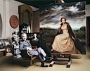 With a painting of the Queen