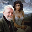 With a portrait of wife, Deborah